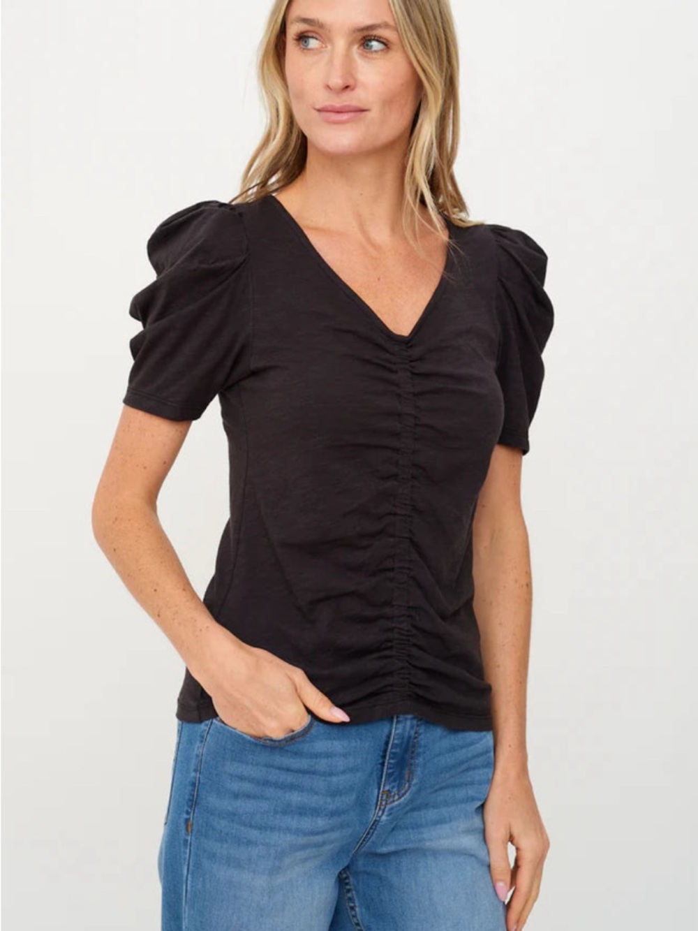 Six/Fifty V-Neck Ruched Puff Sleeve Top - Women